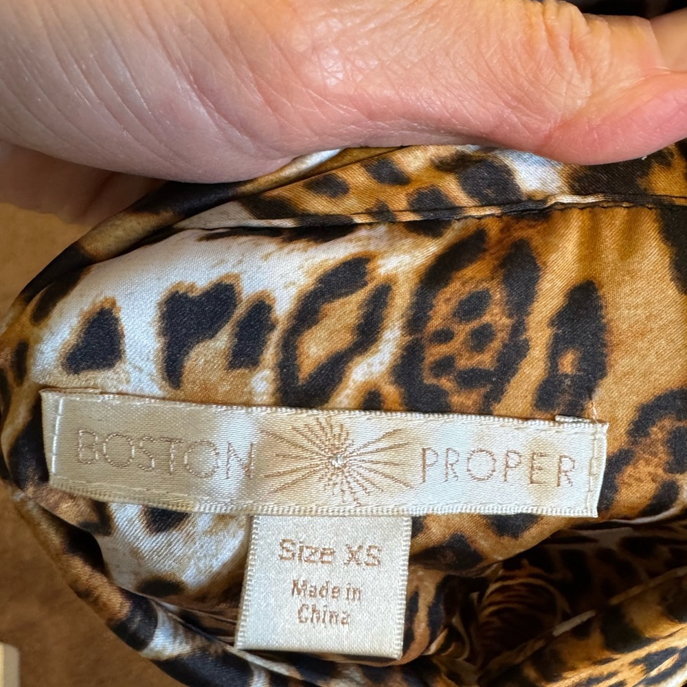 Boston Proper Animal Cheetah Print Satin Shirt Dress Belted Tie Front XS S - Picture 2 of 9